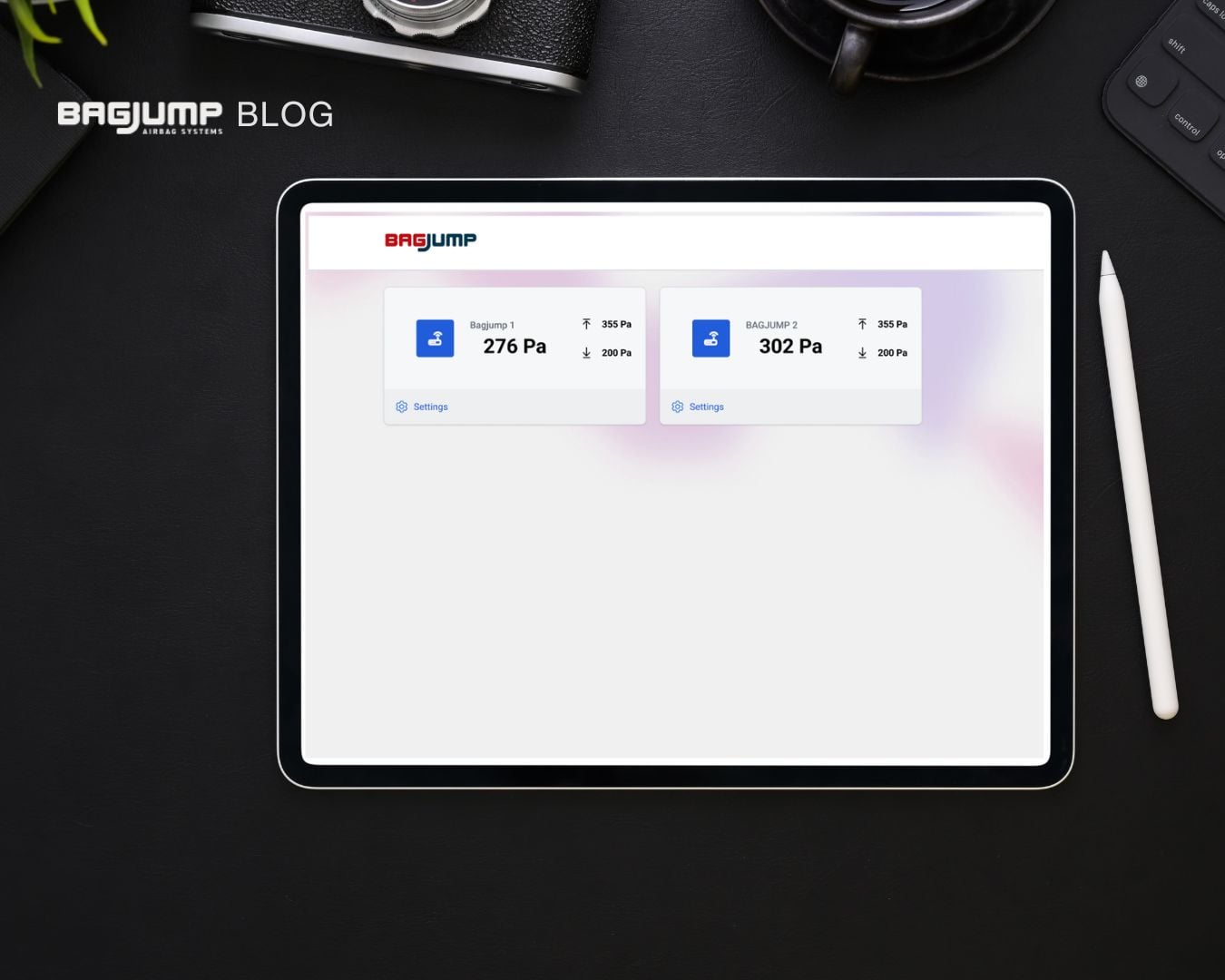 BAGJUMP Pressure Alarm web dashboard on tablet