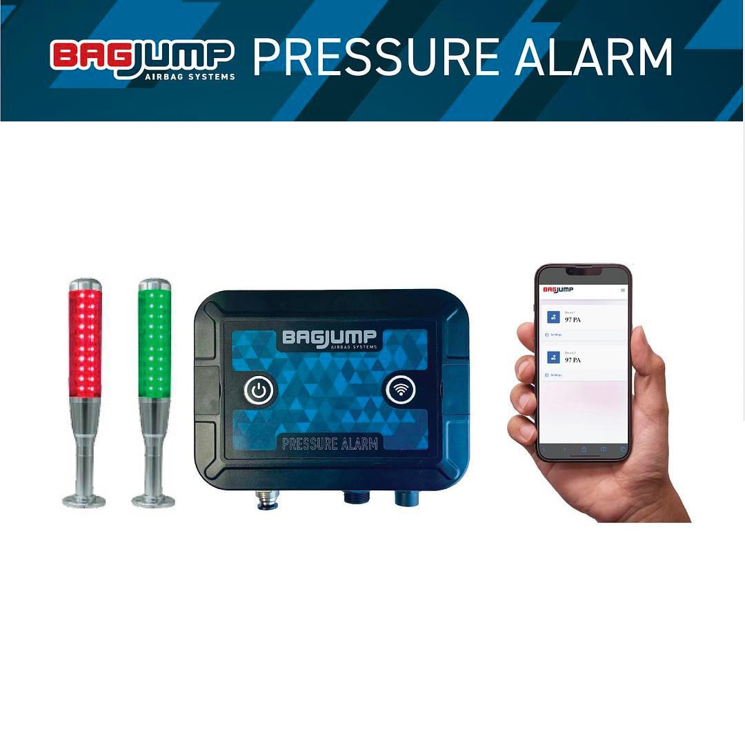 BAGJUMP Pressure Alarm product overview with signal lights and app